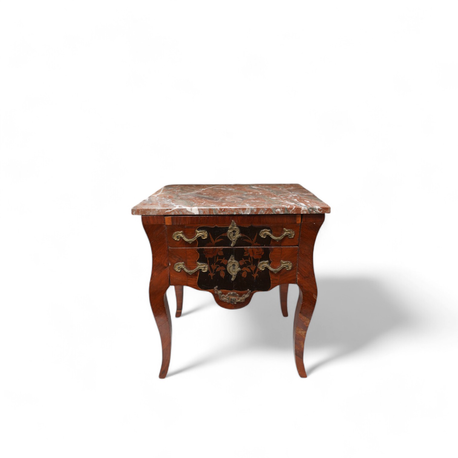 A 19th century French miniature kingwood and marquetry chest, marble topped, 35.5cm high. Condition - fair, some minor damage and losses to veneer etc.